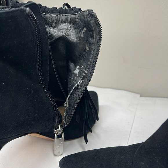 Brian Atwood Sz 9 Perri Black Suede Fringe Firing Booties Metal Detail 2.5” Heel - Picture 10 of 10